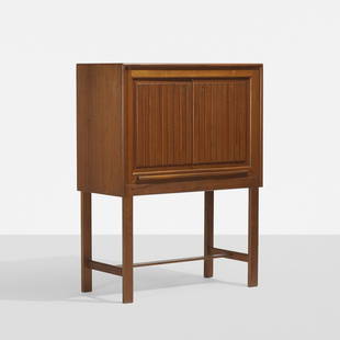 Arne Halvorsen bar cabinet, model 49: Arne Halvorsen bar cabinet, model 49 L. Jacobsens Mobelsnekkeri Norway, c. 1962-1964 teak, formica, glass 36 w x 17.25 d x 48 h inches Cabinet features two doors concealing mirrored interior with one