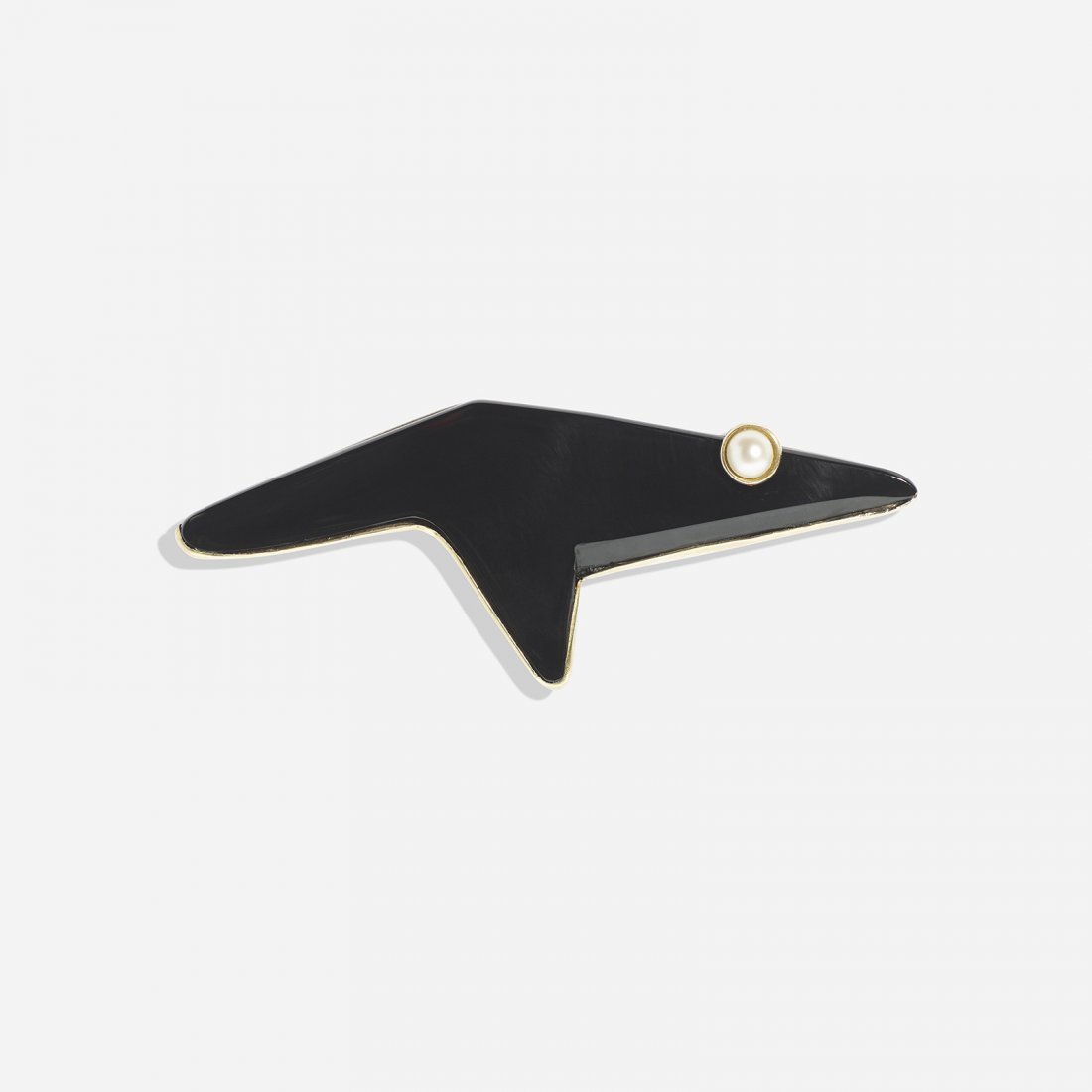 Margaret De Patta a gold, silver, onyx and pearl brooch: Margaret De Patta a gold, silver, onyx and pearl brooch USA A 14 karat gold, silver and onyx brooch with a cultured pearl. Signed 'de Patta Sterling'. Brooch measures 3.5 inches in width. Total weight