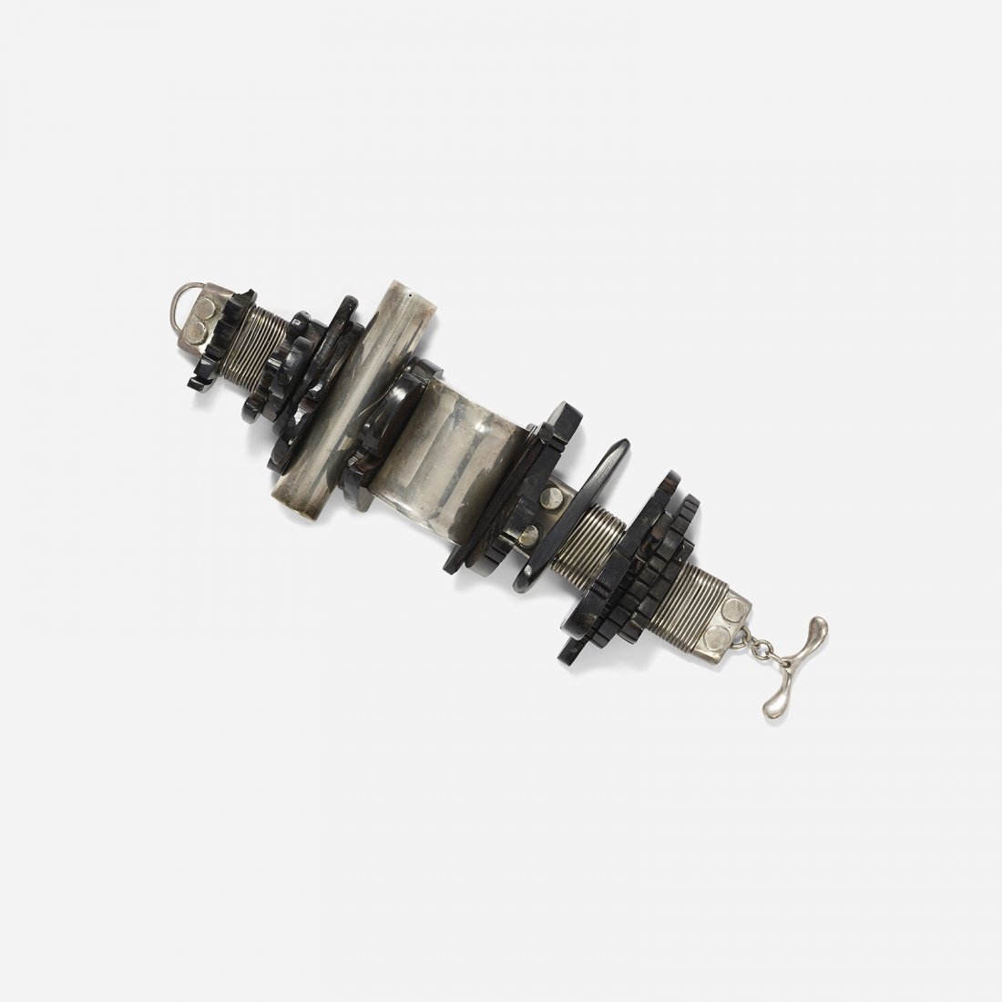 Robert Lee Morris Percussion bracelet: Robert Lee Morris Percussion bracelet A silver, polished ebony and leather bracelet inspired by the work of Louise Nevelson. Morris made a similar piece in 1973 and revisited the design in 1977, signi