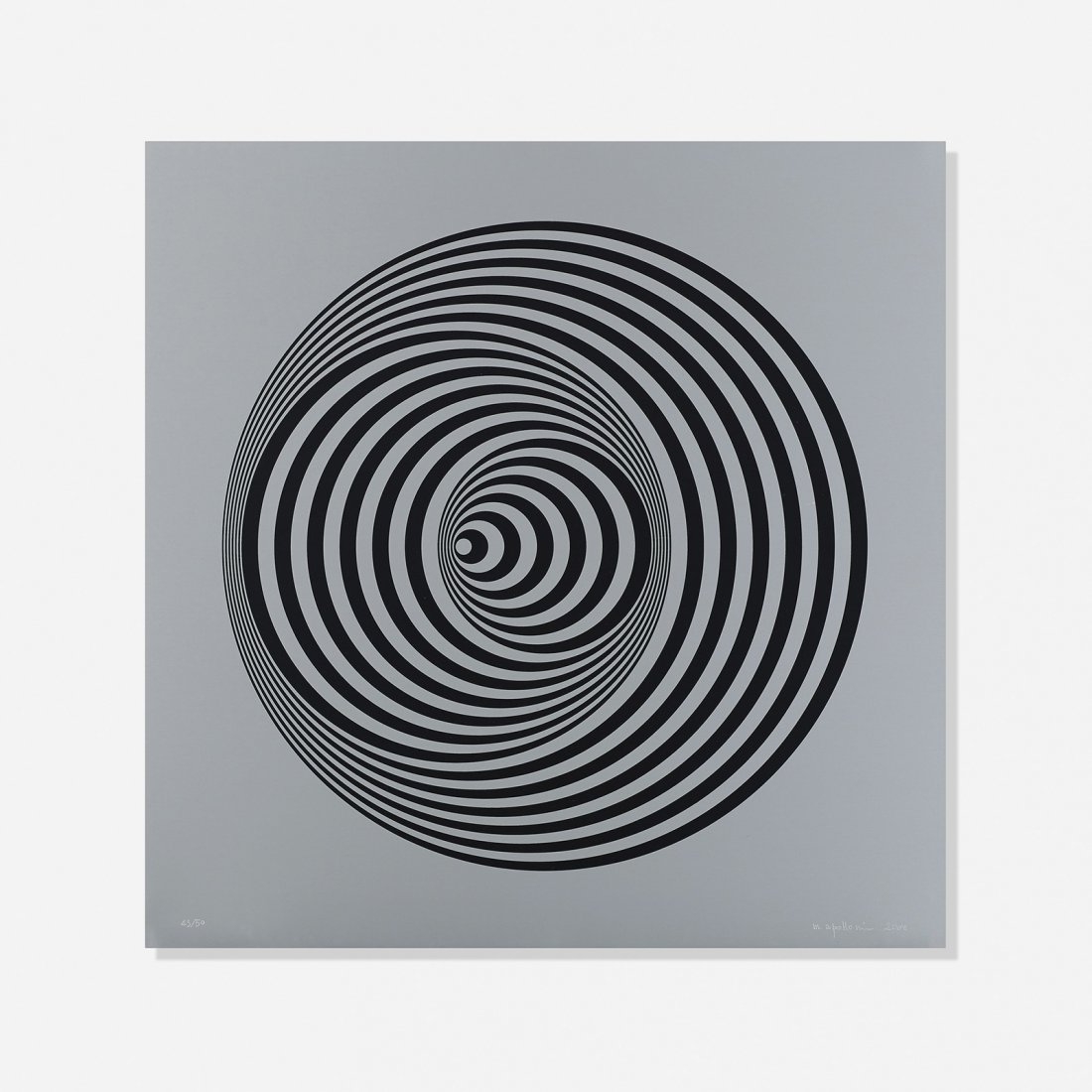 Marina Apollonio Dinamica Circolare 005: Marina Apollonio Dinamica Circolare 005 Italy, 2008 screenprint on aluminum 19.5 h x 19.5 w inches Signed, numbered and dated to lower edge '43/50 M. Apollonio 2008'. This work is number 43 from the e