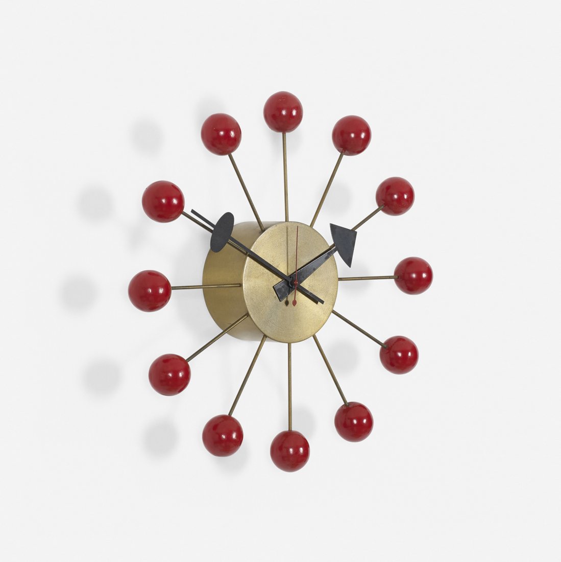 George Nelson & Associates Ball wall clock, model 4755: George Nelson & Associates Ball wall clock, model 4755 Howard Miller Clock Company USA, 1949 brass, lacquered wood, enameled aluminum 13.25 dia x 39.5 h inches Signed with impressed manufacturer's mar