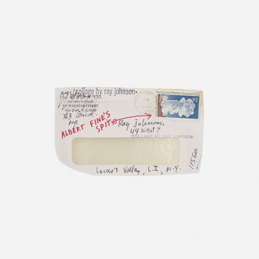 Ray Johnson Untitled (Albert Fine's Spit): Ray Johnson Untitled (Albert Fine's Spit) USA, 1972 ink on paper 3.5 h x 6.25 w inches Stamped signature and inscription to collage 'Collage by Ray Johnson'. Stamped signature to envelope 'Ray Johnson