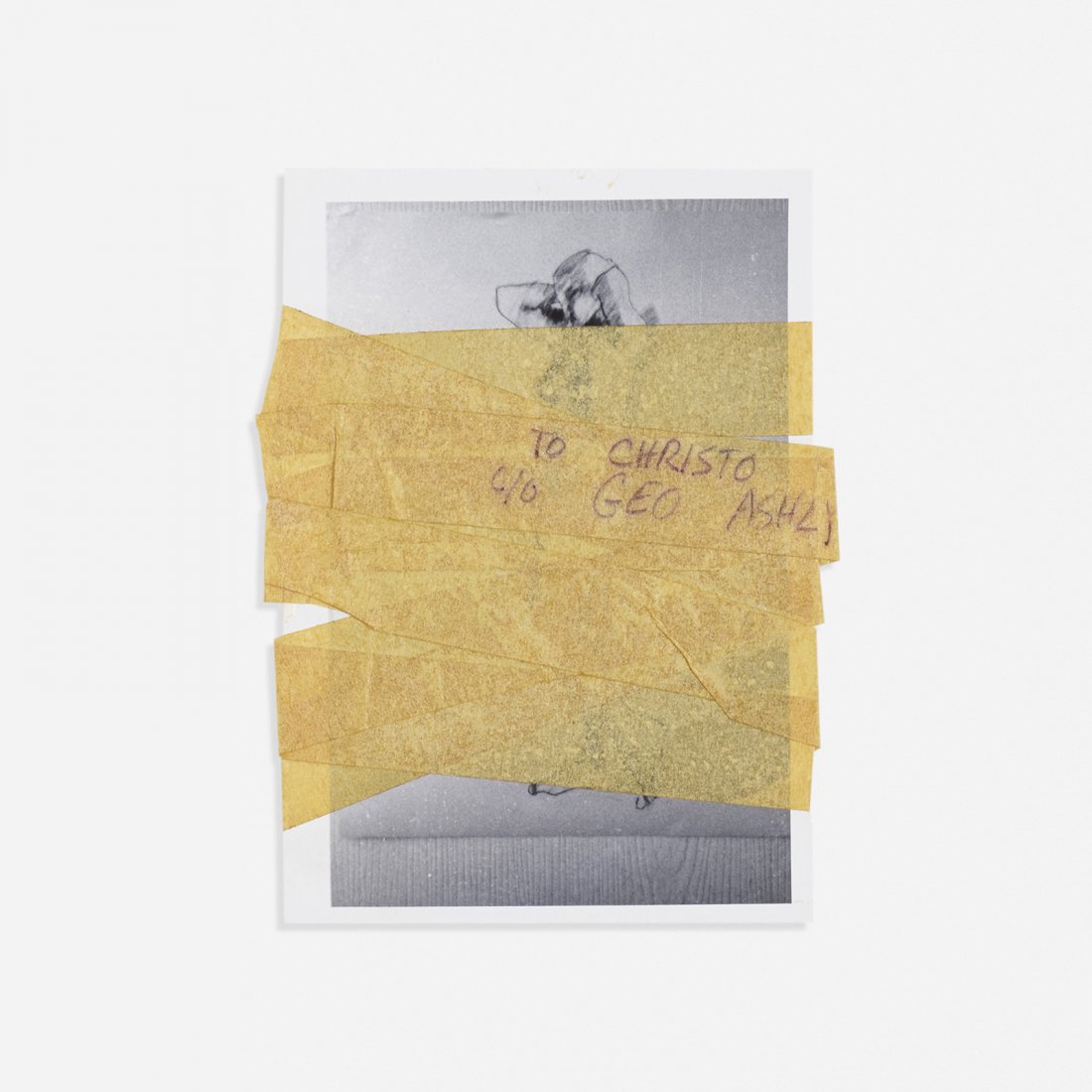 Ray Johnson Untitled (To Christo): Ray Johnson Untitled (To Christo) USA, c. 1972 printed paper, tape on found photo 5 h x 3.75 w inches Stamped signature and inscription to front 'Collage by Ray Johnson'. Stamped signature to envelope