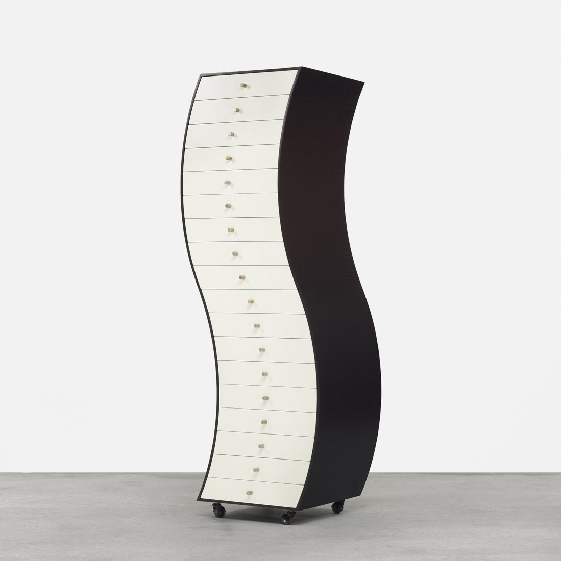 Shiro Kuramata Furniture in Irregular Forms, Side 1: Shiro Kuramata Furniture in Irregular Forms, Side 1 Cappellini Japan, 1970 lacquered oak, lacquered wood, aluminum, chrome-plated steel, plastic 67.75 h x 23.75 w inches Literature: The Work of Shiro