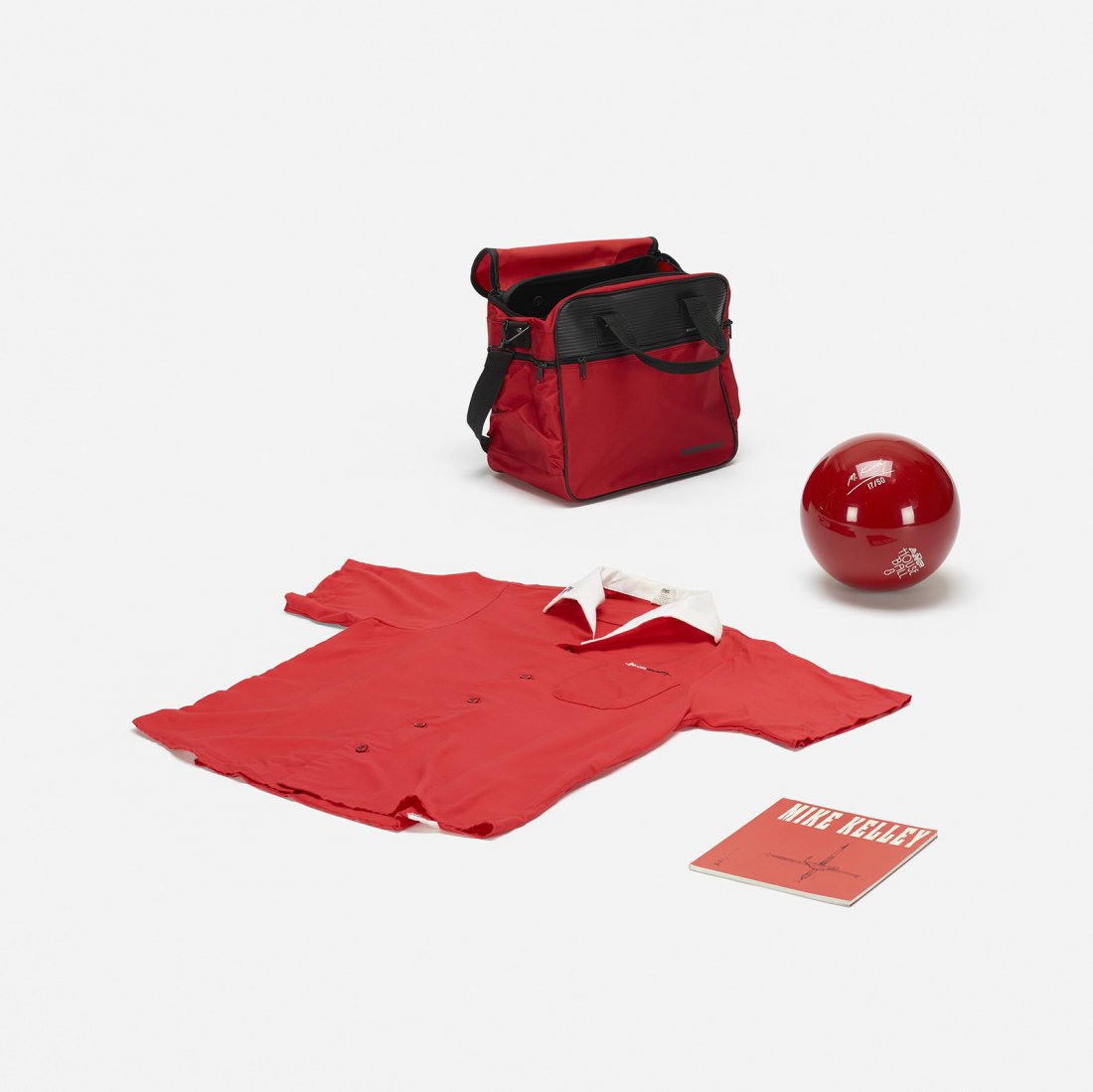 Mike Kelley Untitled: Mike Kelley Untitled (Bowling Ball, Bag, Shirt and Catalog) USA, 1991 bowling ball, fabric, vinyl, polyester, rayon, printed paper Engraved signature and number to bowling ball 'M. Kelley 17/50'.This