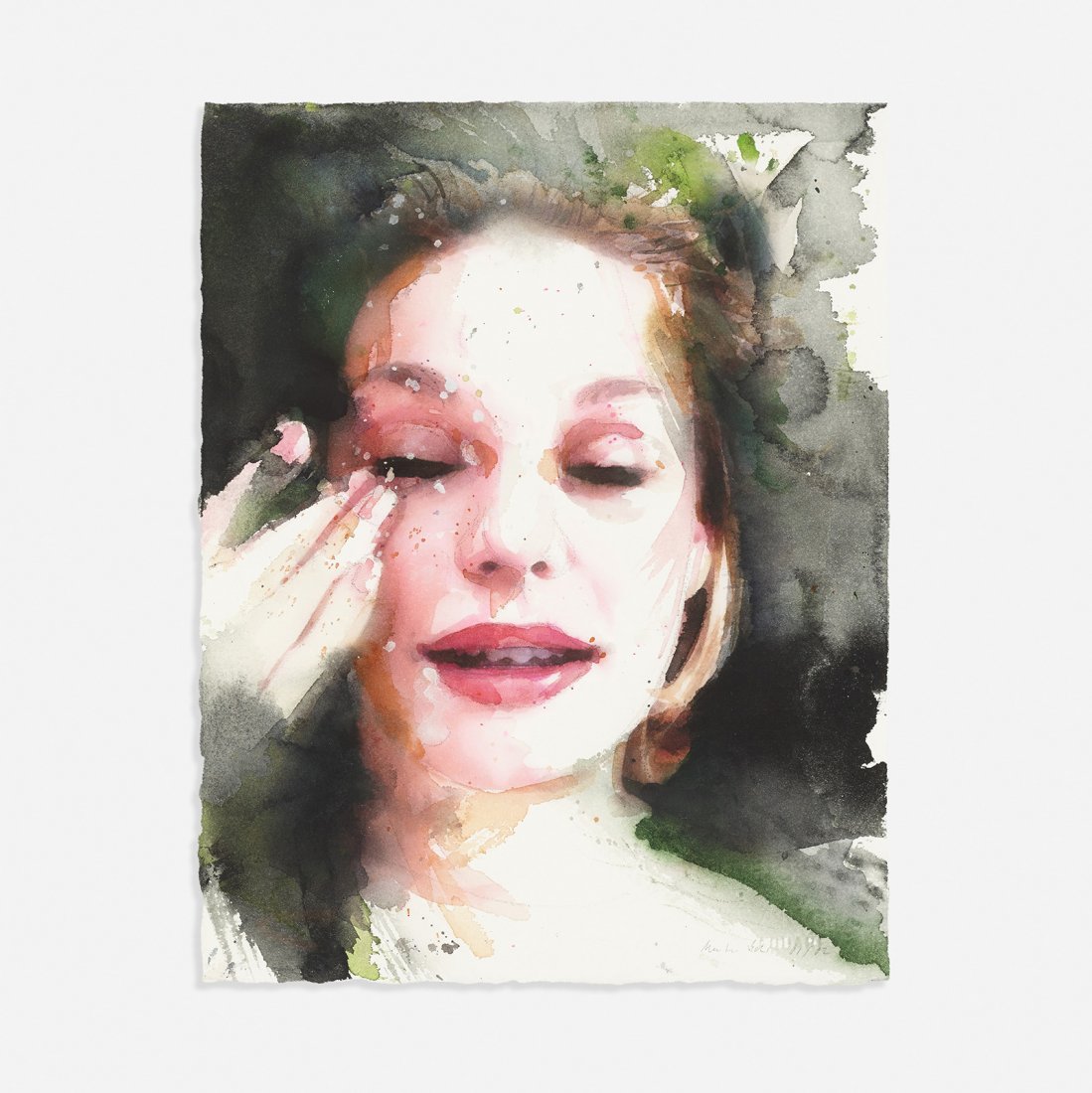 Martin Eder Untitled (WVZ FACE): Martin Eder Untitled (WVZ FACE) 2001/2002 watercolor on paper 11 h x 8.75 w inches Signed and dated to lower right 'Martin Eder 01/02'. Signed and inscribed to verso 'WVZ ME face 02/02'. Provenance: P