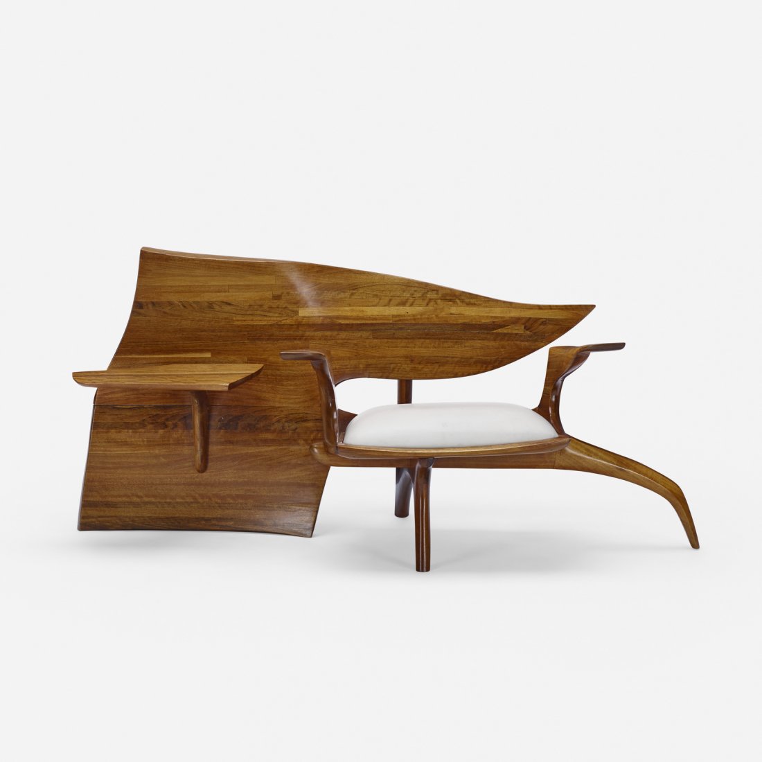 Jack Rogers Hopkins, sculpted chair with table: Jack Rogers Hopkins sculpted chair with table USA, c. 1975laminated and carved walnut, leather59 w x 28 d x 27 h in (150 x 71 x 69 cm) Provenance: Bonhams, Los Angeles, 20th C