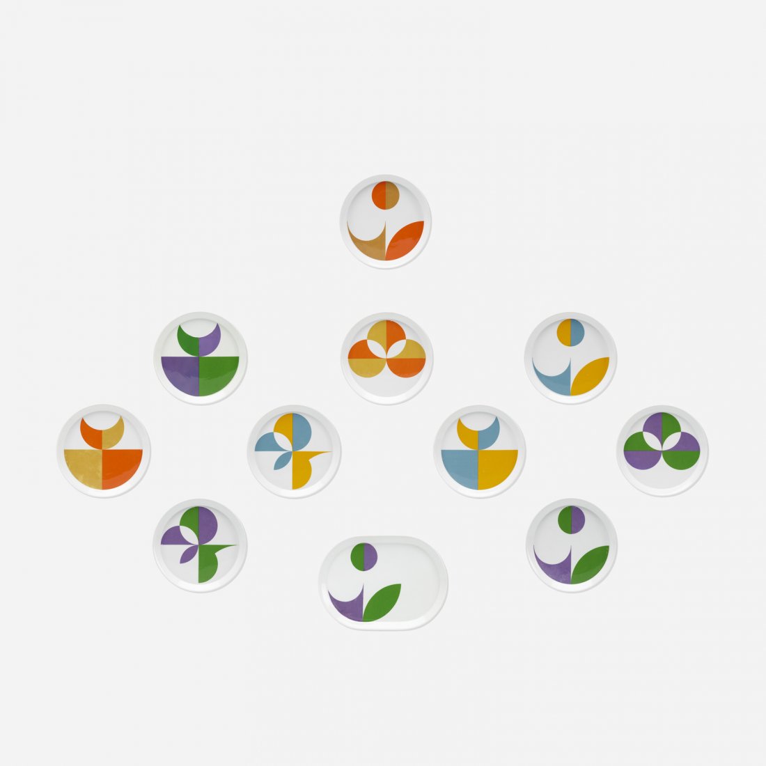 Gio Ponti, set of ten plates with one platter: Gio Ponti set of ten plates with one platter Franco PozziItaly, 1967glazed porcelain10.25 dia in (26 cm) Platter measures: 14.75 w x 10.25 d inches. Signed with stamped manufacturer's mark to