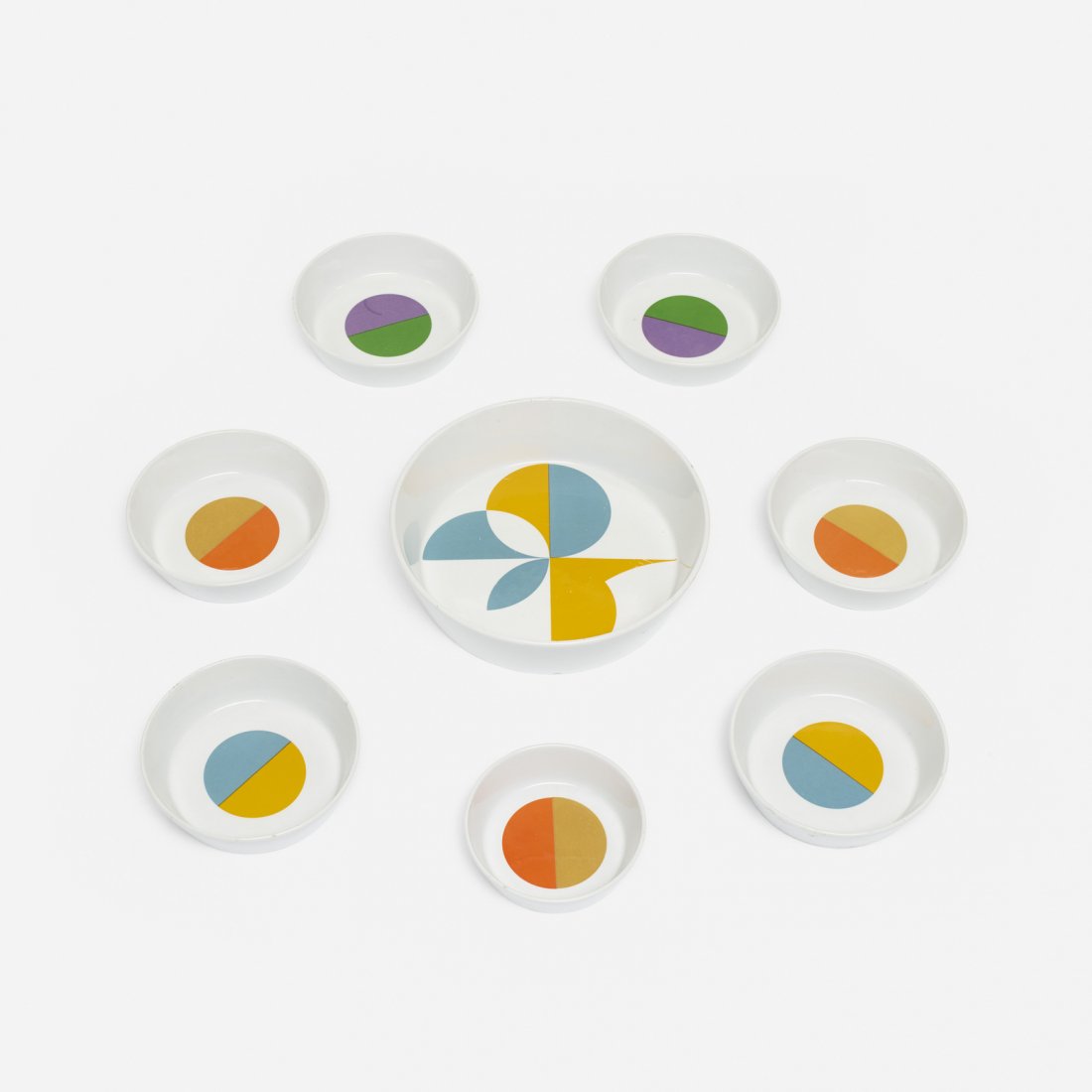 Gio Ponti, collection of eight bowls: Gio Ponti collection of eight bowls Franco PozziItaly, 1967glazed porcelain6.75 dia x 1.75 h in (17 x 4 cm) Collection includes six bowls, one serving bowl and one additional small bowl. Ser