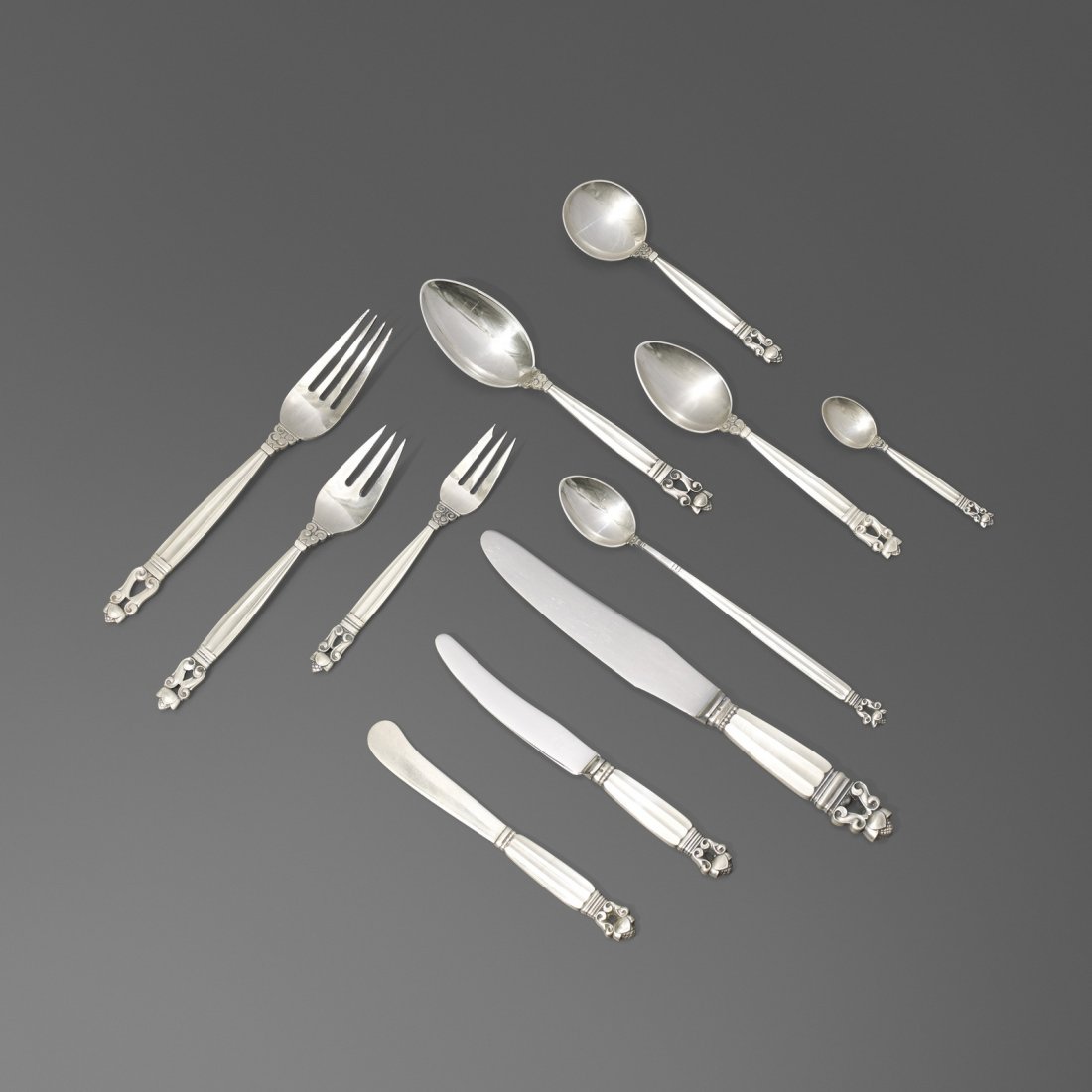 Johan Rohde, Acorn silverware: Johan Rohde Acorn silverware Georg JensenDenmark, 1906 / c. 1945sterling silver, stainless steel Complete ten-piece service for twelve with twenty-six additional utensils; 146 pieces total. Signed w