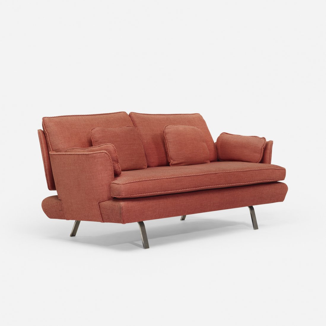 Modern, settee: Modern settee USA, c. 1955 upholstery, stainless steel 66 w x 36 d x 31 h in (168 x 91 x 79 cm) Provenance: Mr. and Mrs. Edward McCormick Blair, Lake Bluff, IL | Thence by descent<