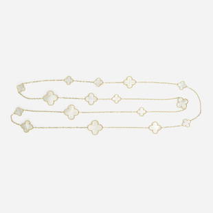 Van Cleef & Arpels, A gold and mother-of-pearl necklace: Van Cleef & Arpels A gold and mother-of-pearl Alhambra necklace France An 18 karat gold and mother-of-pearl Alhambra necklace. Signed 'VCA 750 BL 194832' to clasp. Necklace measures 48 inches in lengt