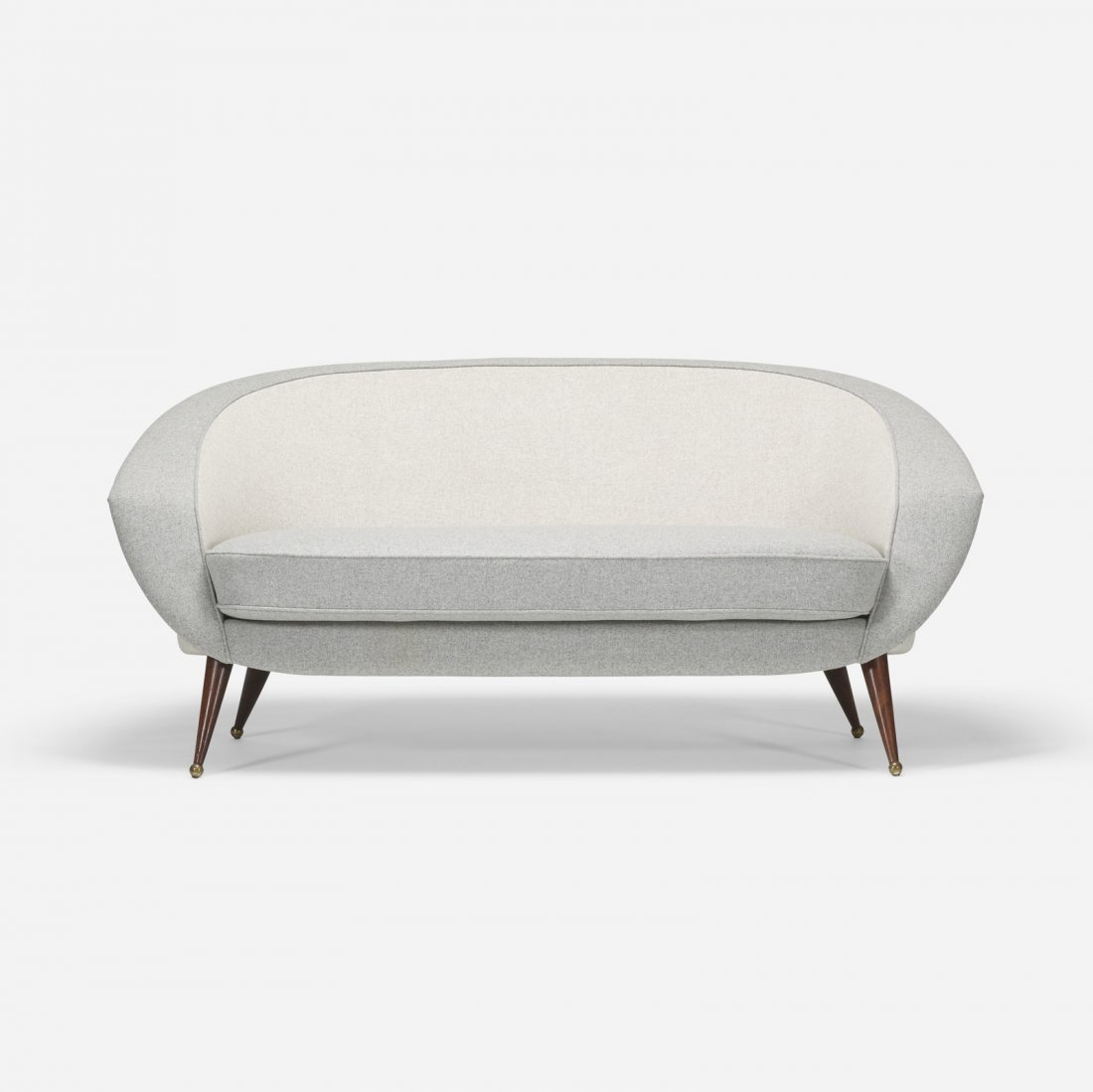 Folke Jansson, settee: Folke Jansson settee S.M. WincrantzSweden, 1953upholstery, beech, brass29 h x 63 w x 33 d in (74 x 160 x 84 cm) Signed with applied manufacturer's label to underside: [S.M. Wincrantz Sk