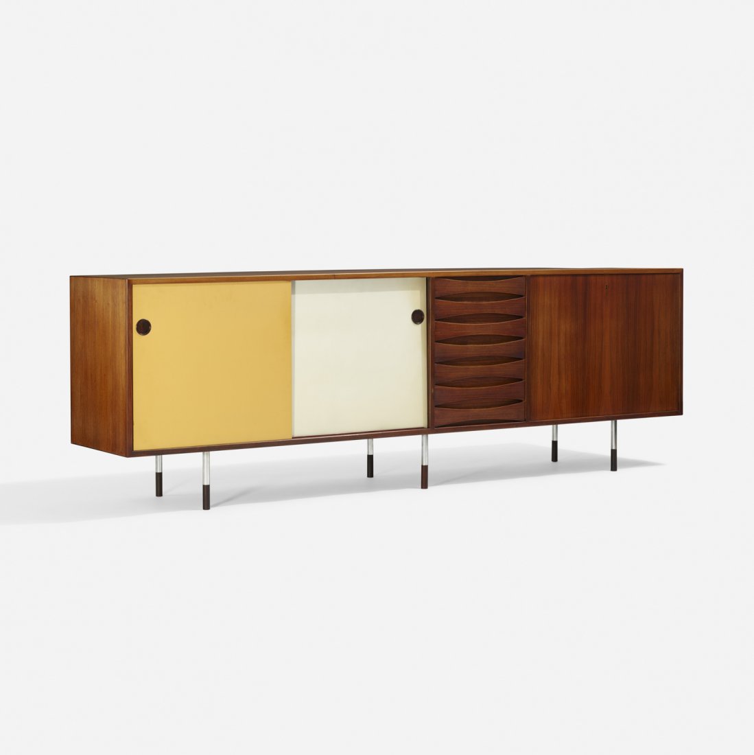 Arne Vodder, credenza: Arne Vodder credenza Sibast FurnitureDenmark, c. 1960rosewood, lacquered wood, chrome-plated steel, brass31.75 h x 98.25 w x 18.5 d in (81 x 250 x 47 cm) Cabinet features two sliding do