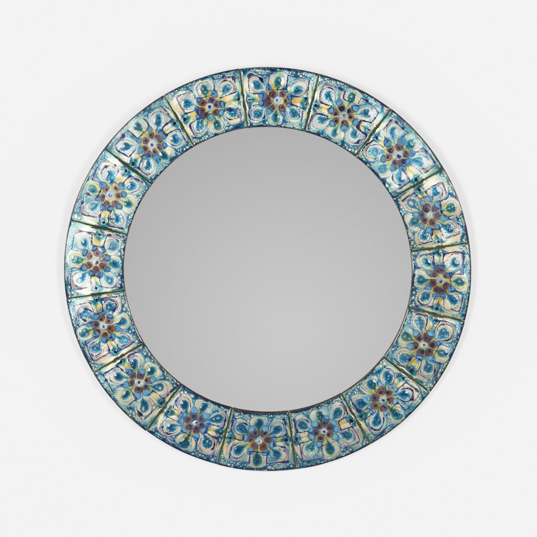 Bodil Eje, mirror: Bodil Eje mirror Denmark, c. 1960fire-enameled copper, mirrored glass23.75 h x 23.75 w x 1 d in (60 x 60 x 3 cm) Signed with paper studio label to reverse: [Bodil Eje Danmark].