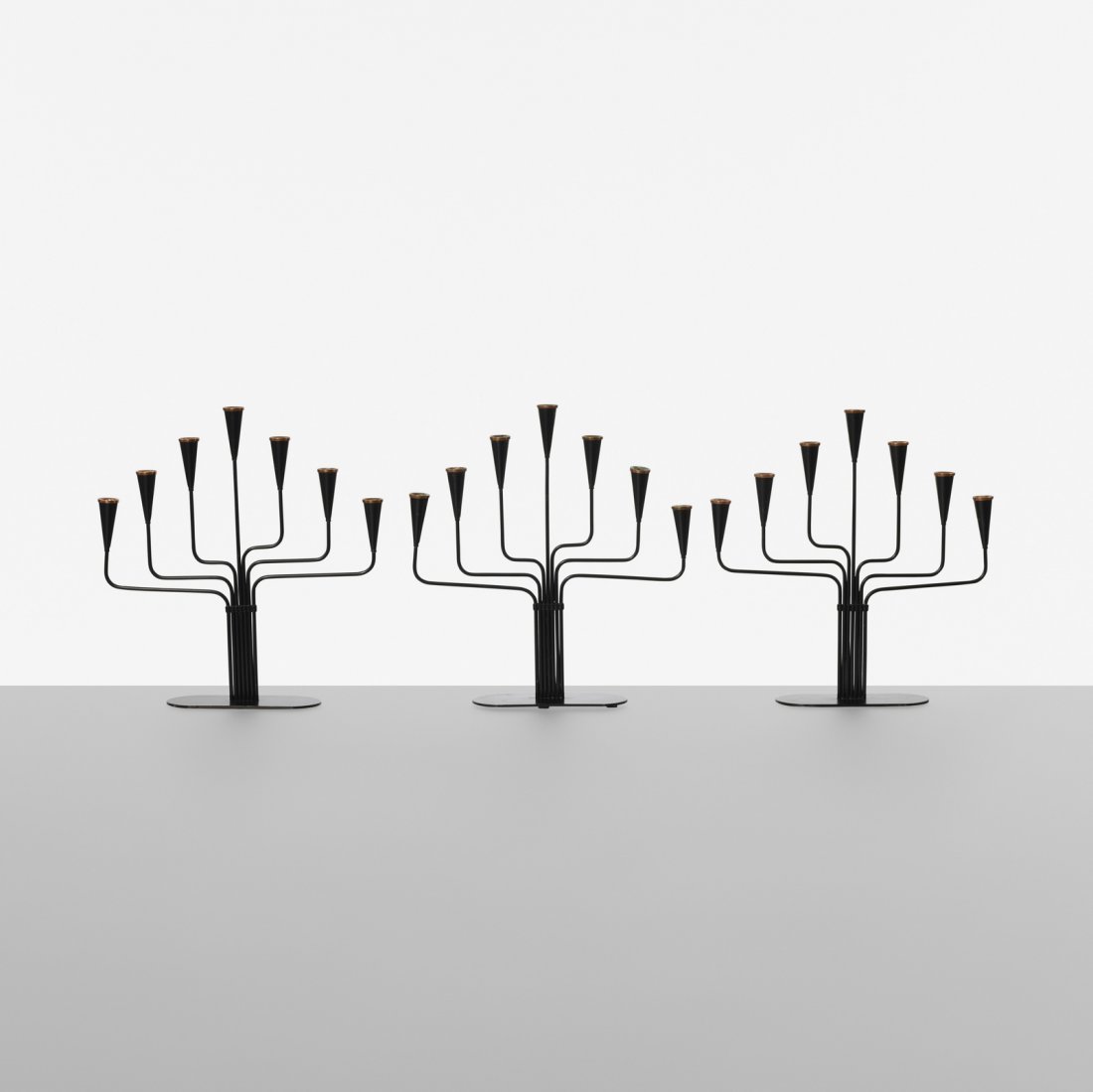 Gunnar Ander, candelabra, set of three: Gunnar Ander candelabra, set of three Ystad-MetallSweden, c. 1950enameled steel, copper11.25 h x 10.75 w x 2.5 d in (29 x 27 x 6 cm)