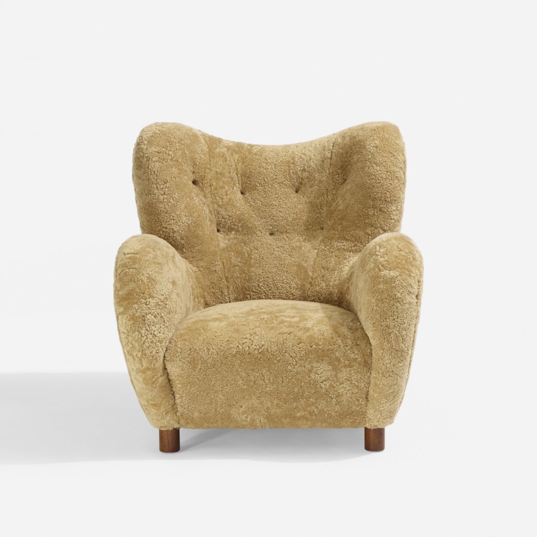 Flemming Lassen, attribution, lounge chair: Flemming Lassen, attribution lounge chair Denmark, c. 1935sheepskin, stained beech35 h x 34 w x 37 d in (89 x 86 x 94 cm)