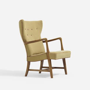 Peter Hvidt, lounge chair: Peter Hvidt lounge chair Thorald Madsen SnedkeriDenmark, c. 1945upholstery, elm, leather37 h x 26.5 w x 29 d in (94 x 67 x 74 cm) Literature: Dansk Mobelkunst Gennem