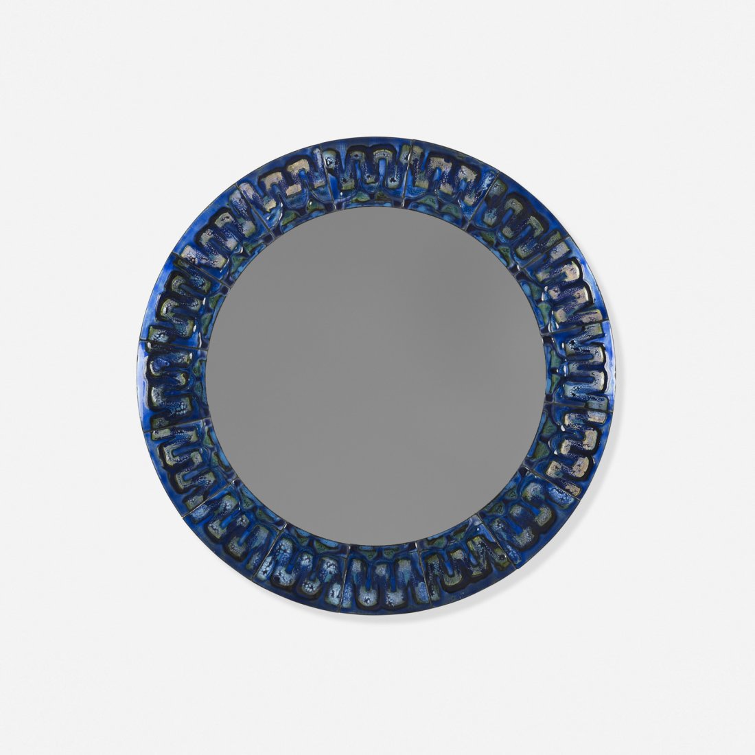 Bodil Eje, mirror: Bodil Eje mirror Denmark, c. 1960fire-enameled copper, mirrored glass23.75 dia x 0.75 d in (60 x 2 cm) Signed to reverse: [Bodil Eje].