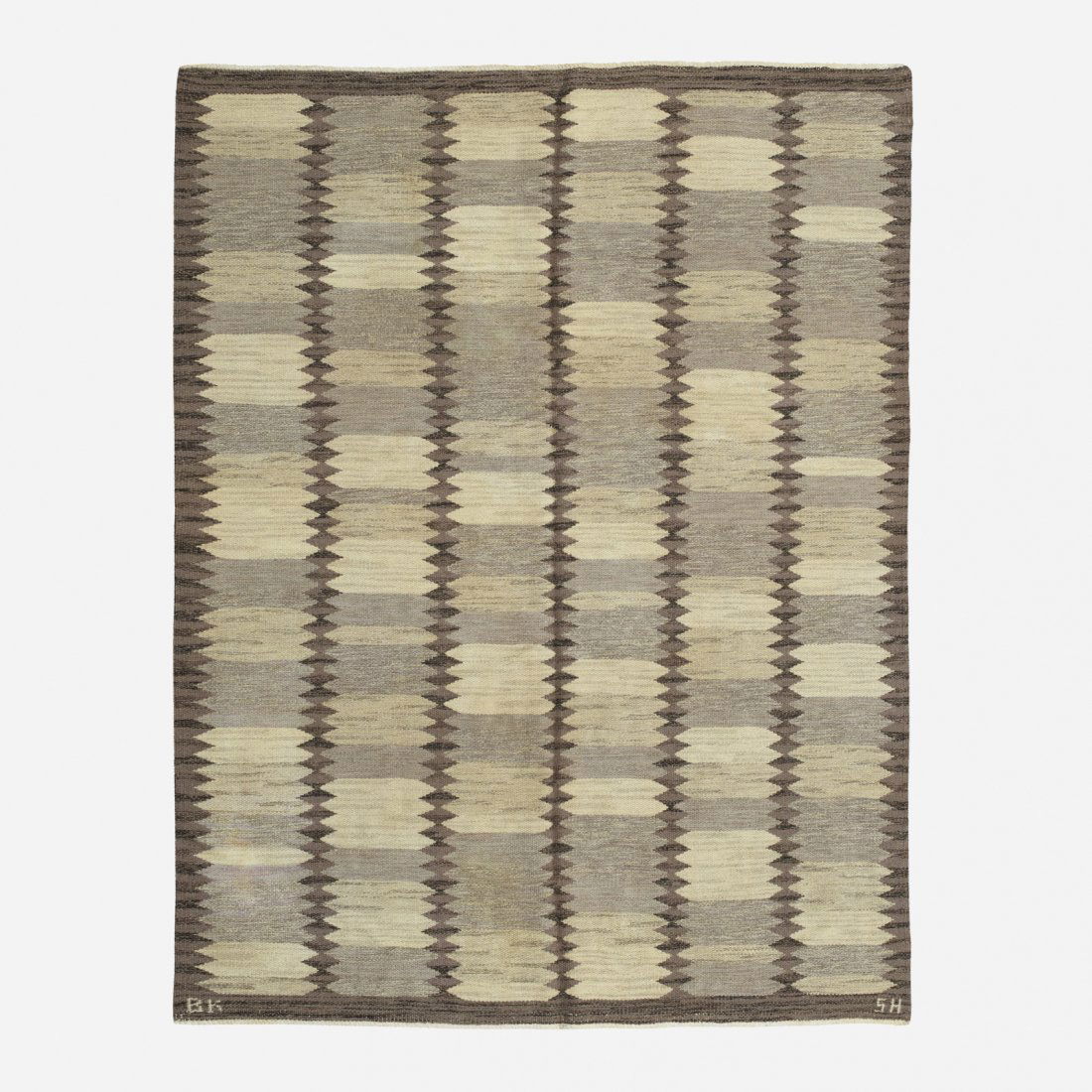 Berit Koenig, flatweave carpet: Berit Koenig flatweave carpet Svensk HemslojdSweden, c. 1955hand-woven wool72 w x 94 l in (183 x 239 cm) Woven signature to edge: [BK SH].