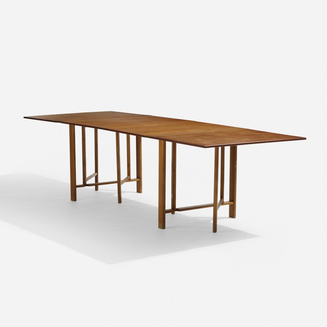 Bruno Mathsson, Maria folding table: Bruno Mathsson Maria folding table Firma Karl MathssonSweden, 1937teak, beech, brass29 h x 58 w x 39.5 d in (74 x 147 x 100 cm) Table features four 26-inch drop-leaves and can be arrang