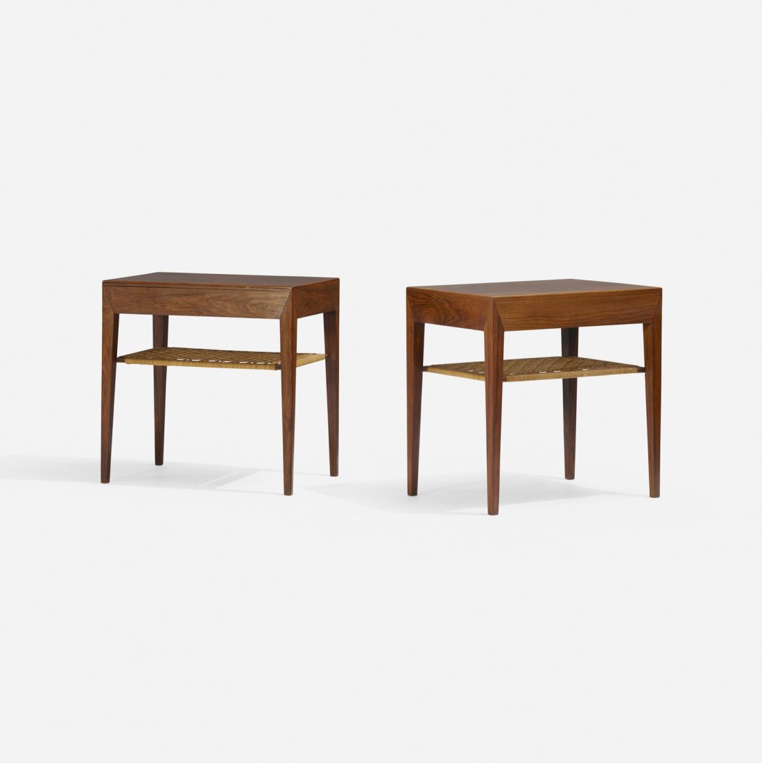 Severin Hansen, nightstands, pair: Severin Hansen nightstands, pair Haslev Mobelsnedkeri A/SDenmark, 1965rosewood, cane19.5 h x 19.5 w x 13.75 d in (50 x 50 x 35 cm) Each nightstand features a single drawer.