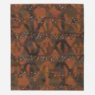 Barbro Nilsson, Tanga tapestry weave carpet: Barbro Nilsson Tanga tapestry weave carpet Marta Maas-Fjetterstrom ABSweden, 1955hand-woven wool119 w x 138 l in (302 x 351 cm) Woven signature to edge: [AB MMF BN].