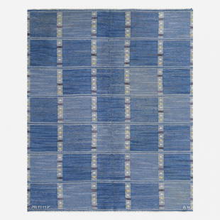 Barbro Nilsson, Falurutan flatweave carpet: Barbro Nilsson Falurutan flatweave carpet Marta Maas-Fjetterstrom ABSweden, 1952hand-woven wool59 w x 74 l in (150 x 188 cm) Woven signature to edge: [AB MMF BN].