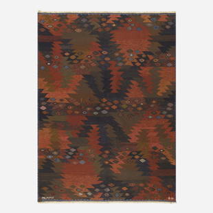 Barbro Nilsson, Tanga tapestry weave carpet: Barbro Nilsson Tanga tapestry weave carpet Marta Maas-Fjetterstrom ABSweden, 1955hand-woven wool73 w x 101 l in (185 x 257 cm) Woven signature to edge: [AB MMF BN].