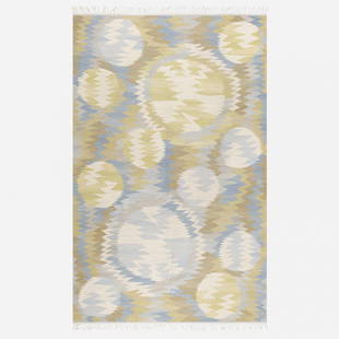 Barbro Nilsson, Solflackar tapestry weave carpet: Barbro Nilsson Solflackar tapestry weave carpet Marta Maas-Fjetterstrom ABSweden, 1966hand-woven wool99 w x 159 l in (251 x 404 cm) Woven signature to edge: [AB MMF BN].