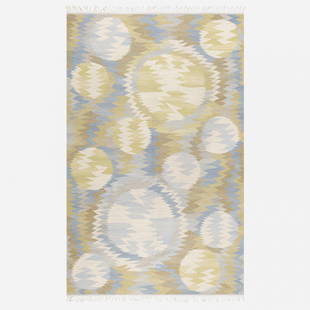 Barbro Nilsson, Solflackar tapestry weave carpet: Barbro Nilsson Solflackar tapestry weave carpet Marta Maas-Fjetterstrom ABSweden, 1966hand-woven wool99 w x 159 l in (251 x 404 cm) Woven signature to edge: [AB MMF BN].