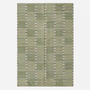 Barbro Nilsson, Falurutan flatweave carpet: Barbro Nilsson Falurutan flatweave carpet Marta Maas-Fjetterstrom ABSweden, 1952hand-woven wool66 w x 101 l in (168 x 257 cm) Woven signature to edge: [AB MMF BN].