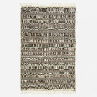 Barbro Nilsson, Svart Rosengang flatweave carpet: Barbro Nilsson Svart Rosengang flatweave carpet Marta Maas-Fjetterstrom ABSweden, 1943hand-woven wool67 w x 100 l in (170 x 254 cm) Woven signature to edge: [AB MMF BN].