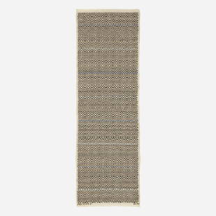 Barbro Nilsson, Svart Rosengang flatweave runner: Barbro Nilsson Svart Rosengang flatweave runner Marta Maas-Fjetterstrom ABSweden, 1943hand-woven wool30 w x 90 l in (76 x 229 cm) Woven signature to edge: [AB MMF BN].