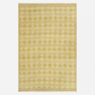 Barbro Nilsson, Spattan tapestry weave carpet: Barbro Nilsson Spattan tapestry weave carpet Marta Maas-Fjetterstrom ABSweden, 1943hand-woven wool118 w x 178 l in (300 x 452 cm) Woven to signature to edge: [AB MMF BN].