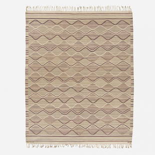 Barbro Nilsson, Spattan tapestry weave carpet: Barbro Nilsson Spattan tapestry weave carpet Marta Maas-Fjetterstrom ABSweden, 1943hand-woven wool80 w x 99 l in (203 x 251 cm) Woven signature to edge: [AB MMF BN]. Liter