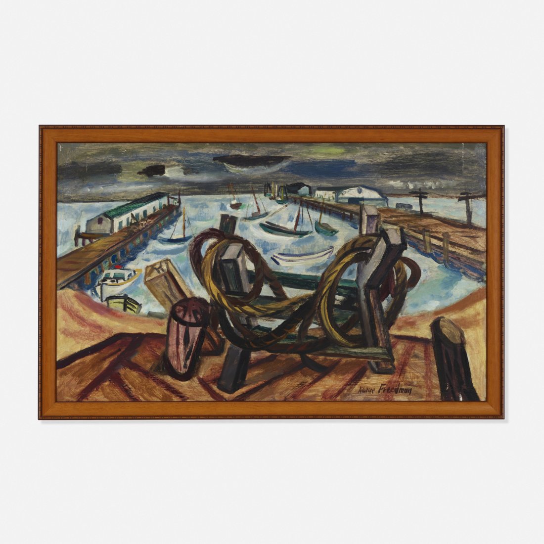 Maurice Freedman, Untitled (Harbor): Maurice Freedman Untitled (Harbor) c. 1940oil on masonite21.75 h x 35.75 w in (55 x 91 cm) Signed to lower right: [Maurice Freedman]. Provenance: Morton D. May, Ladue, M