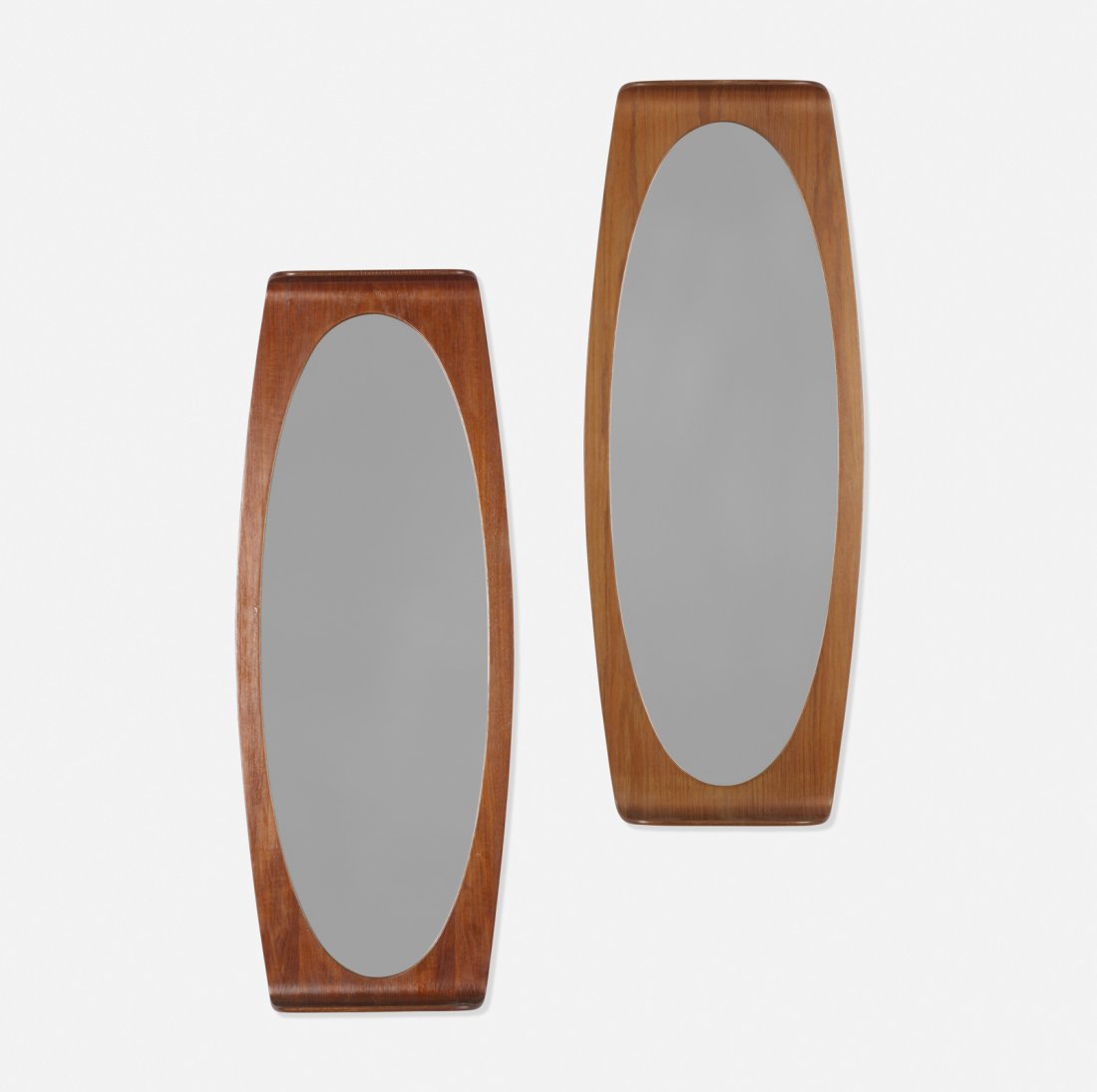 Franco Campo and Carlo Graffi, wall mirrors, pair: Franco Campo and Carlo Graffi wall mirrors, pair HOMEItaly, c. 1955molded teak plywood, mirrored glass18 w x 2.5 d x 47.5 h in (46 x 6 x 121 cm)