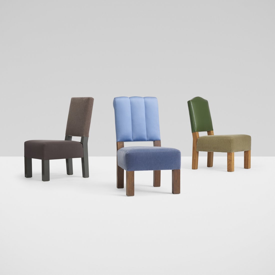 Roy McMakin, collection of three chairs: Roy McMakin collection of three chairs for the Young residence, Chicago Domestic Furniture CompanyUSA, 1999mohair, silk, leather, upholstery, stained walnut, ash, lacquered wood20.5 w x 28 d x 36