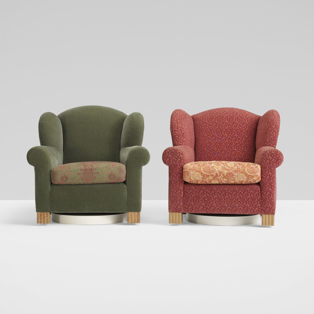 Roy McMakin, pair of Swivel Wingback chairs: Roy McMakin pair of Swivel Wingback chairs for the Young residence, Chicago USA, 1998mohair, upholstery, lacquered wood, maple, oak36 w x 39 d x 36.5 h in (91 x 99 x 93 cm) Provenance