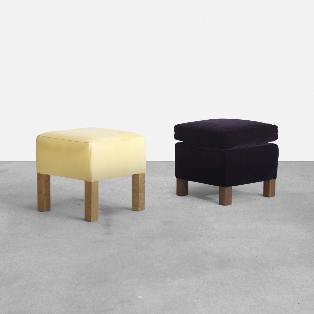 Roy McMakin, pair of ottomans: Roy McMakin pair of ottomans for the Young residence, Chicago Domestic Furniture CompanyUSA, 1999stained walnut, maple, purple mohair, yellow leather18 w x 18 d x 16.5 h in (46 x 46 x 42 cm)