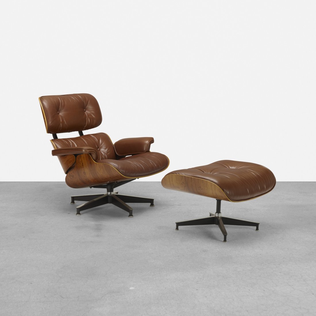 Charles and Ray Eames, 670 lounge chair and 671 ottoman: Charles and Ray Eames 670 lounge chair and 671 ottoman Herman Miller USA, 1956 rosewood plywood, leather, enameled aluminum, rubber 33.75 w x 35.75 d x 32.5 h in (86 x 91 x 83 cm) Ottoman