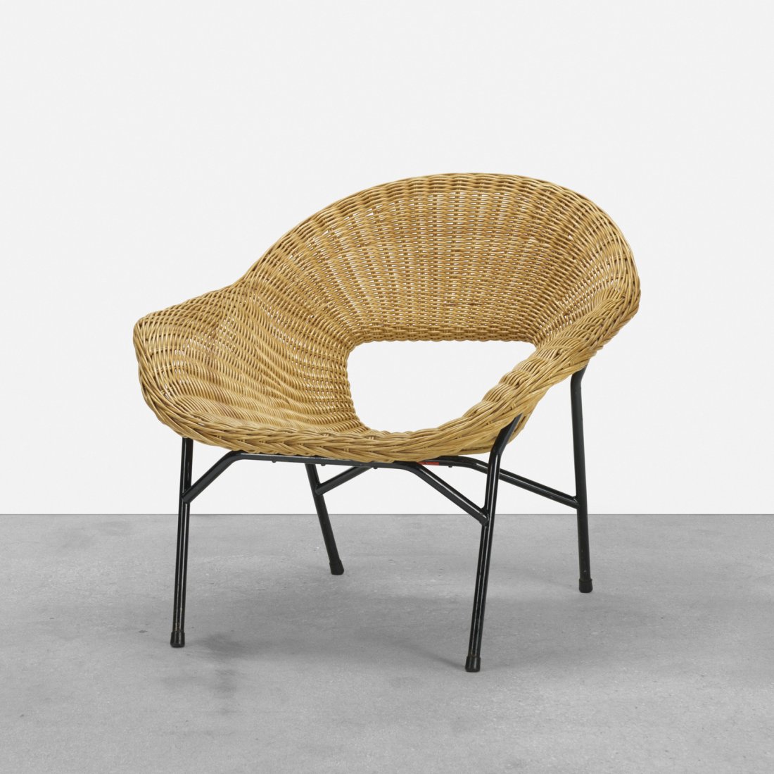 P.J Muntendam, lounge chair: P.J Muntendam lounge chair Gebr. JonkersThe Netherlands, 1954rattan, enameled steel, bamboo, rubber31.5 w x 30 d x 28 h in (80 x 76 x 71 cm) Signed with decal manufacturer's label to un