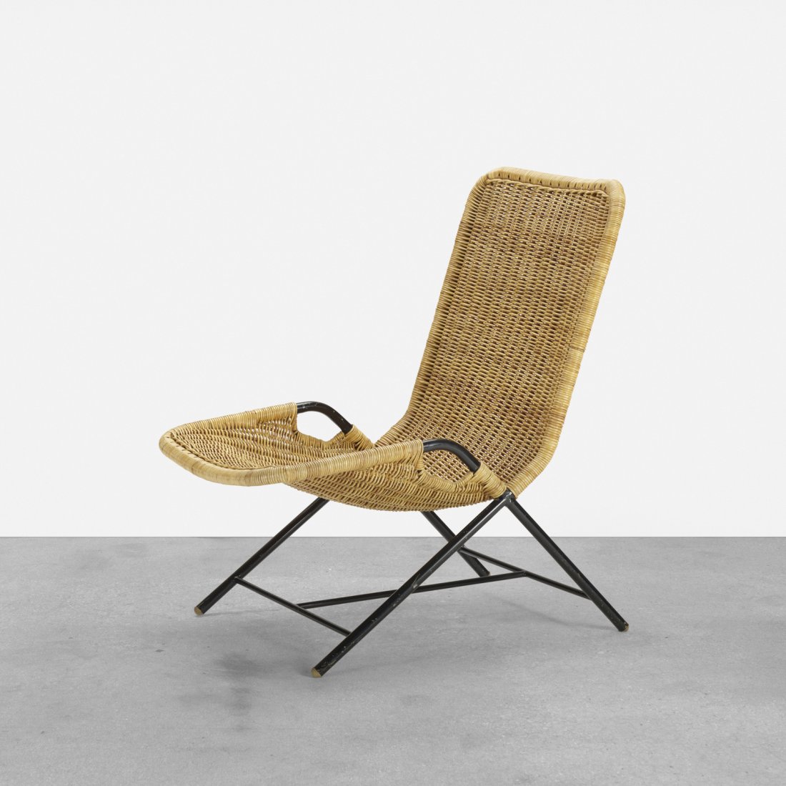 Dirk van Sliedregt, lounge chair, model 587: Dirk van Sliedregt lounge chair, model 587 Gebr. JonkersThe Netherlands, 1952rattan, enameled steel, rubber22 w x 32 d x 33.5 h in (56 x 81 x 85 cm) Literature: Dirk