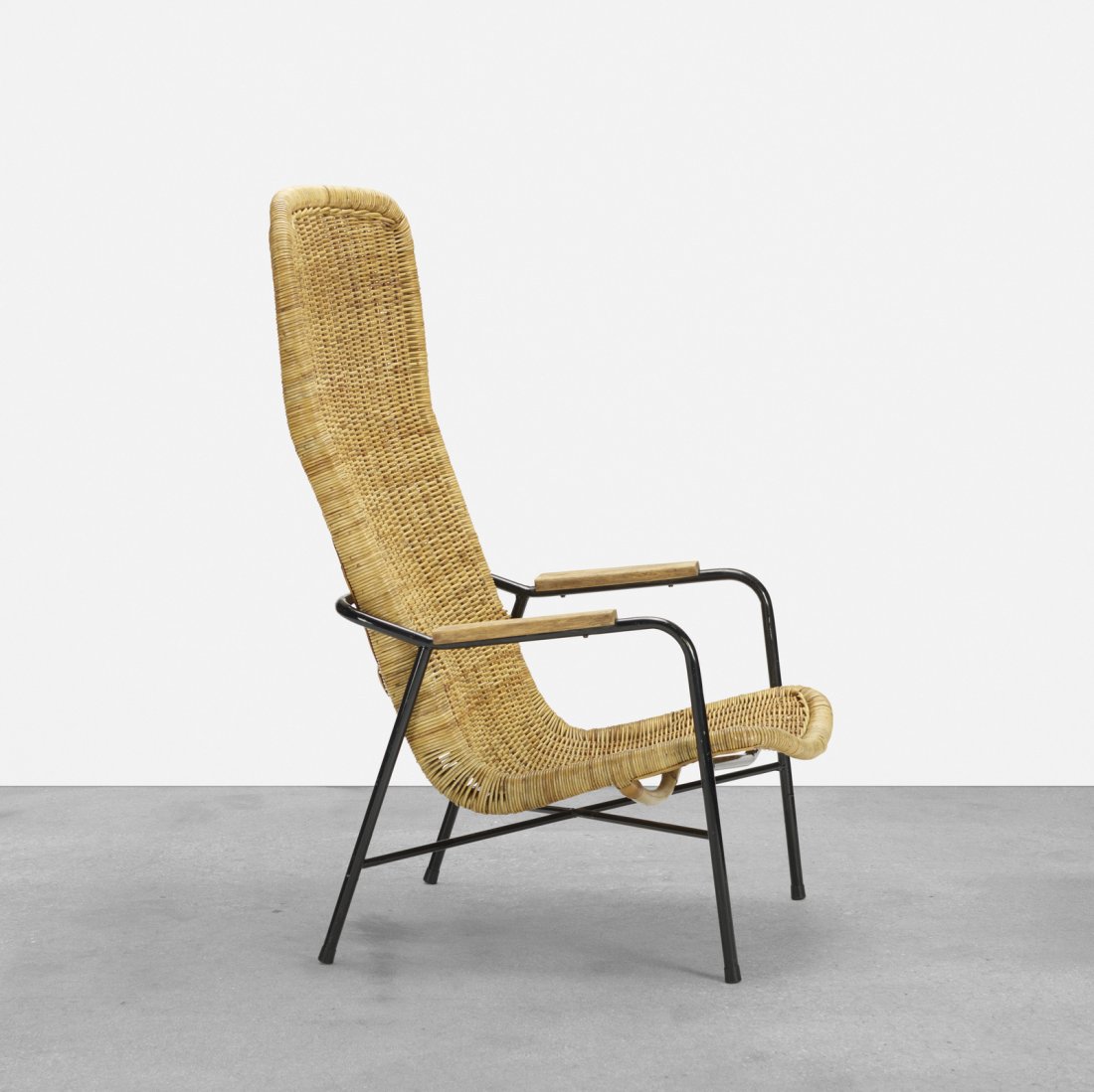 Dirk van Sliedregt, armchair, model 514a: Dirk van Sliedregt armchair, model 514a Gebr. JonkersThe Netherlands, 1952rattan, enameled steel, bamboo, beech, leather, chrome-plated brass, rubber23.25 w x 30.5 d x 42 h in (59 x 77 x 107 c
