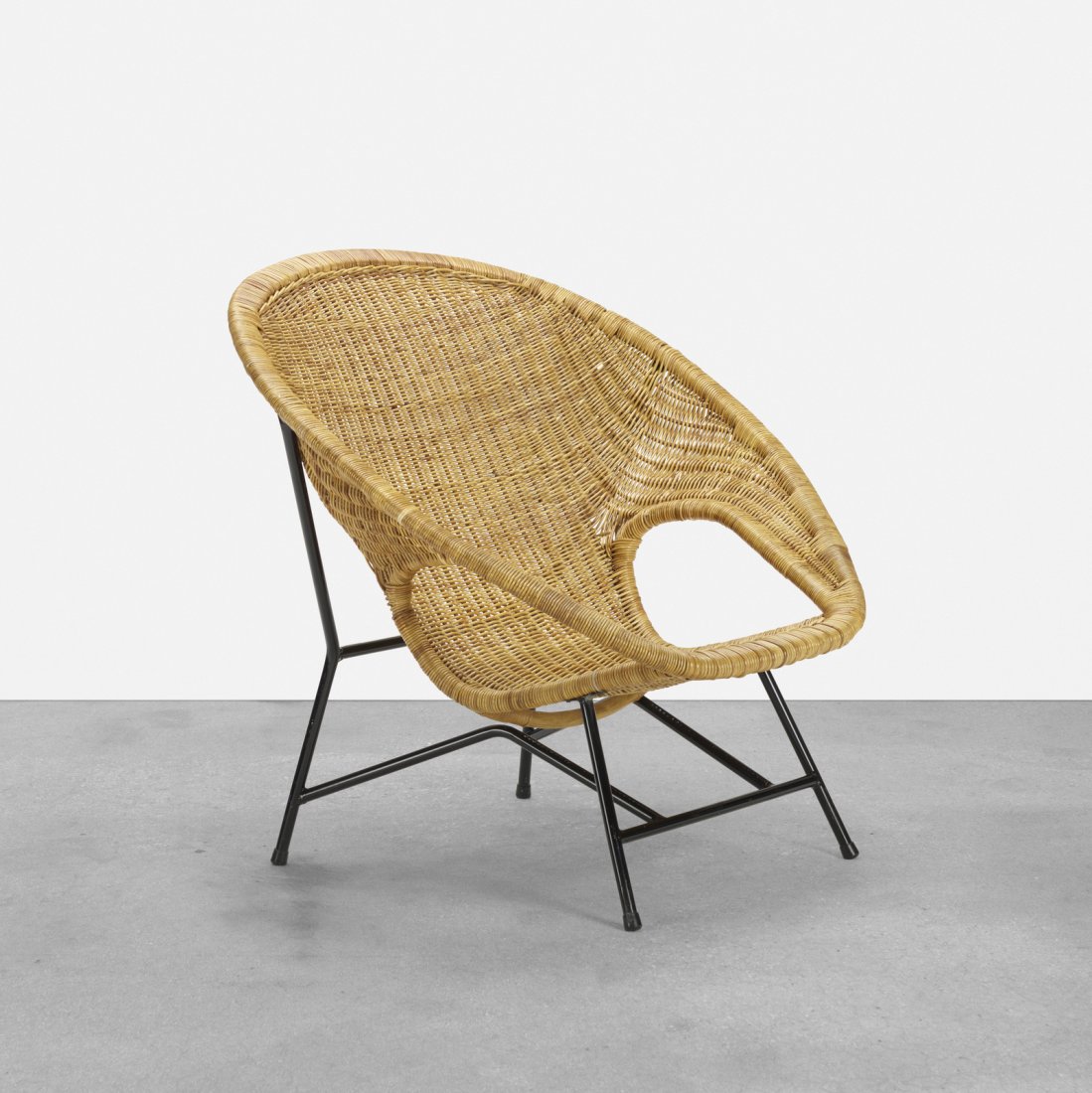 Dirk van Sliedregt, rare lounge chair, model 600: Dirk van Sliedregt rare lounge chair, model 600 Gebr. JonkersThe Netherlands, 1959rattan, enameled steel, bamboo, rubber36 w x 33 d x 34.5 h in (91 x 84 x 88 cm) Signed with stamped man