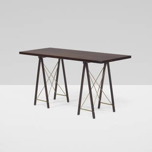 Jules Wabbes, Trestle desk: Jules Wabbes Trestle desk Belgium, c. 1958wenge, brass57.5 w x 24.25 d x 29.75 h in (146 x 62 x 76 cm) Provenance: Wright, Important 20th Century Design, 4 December 20