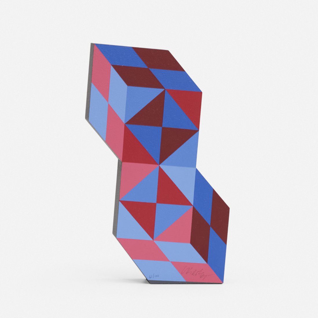 Victor Vasarely, Stele (Double Hexagon): Victor Vasarely Stele (Double Hexagon) 1982 painted wood 12.5 h x 8 w x 2 d in (32 x 20 x 5 cm) Signed and numbered to lower edge 'Vasarely 61/100'. This work is number 61 from the edition of 10