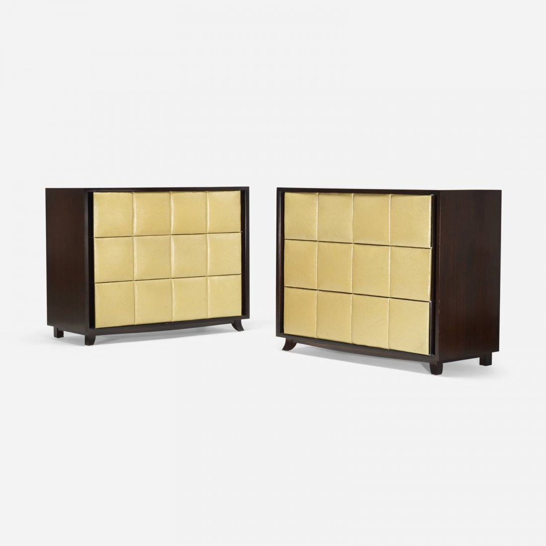Gilbert Rohde, cabinets model 4140, pair: Gilbert Rohde cabinets model 4140, pair Herman MillerUSA, 1941lacquered mahogany, leatherette44.5 w x 18.75 d x 34.5 h in (113 x 48 x 88 cm) Each cabinet features three drawers. <