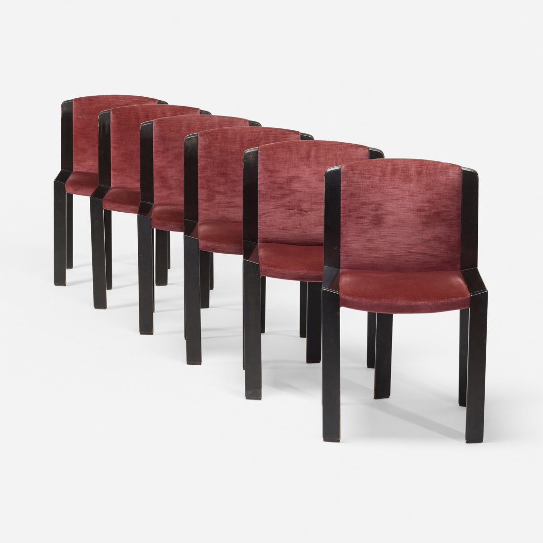 Joe Colombo, Model 300 dining chairs, set of six: Joe Colombo Model 300 dining chairs, set of six PozziItaly, 1965stained oak, upholstery, enameled steel19 w x 20 d x 30.75 h in (48 x 51 x 78 cm) Literature: I Colomb